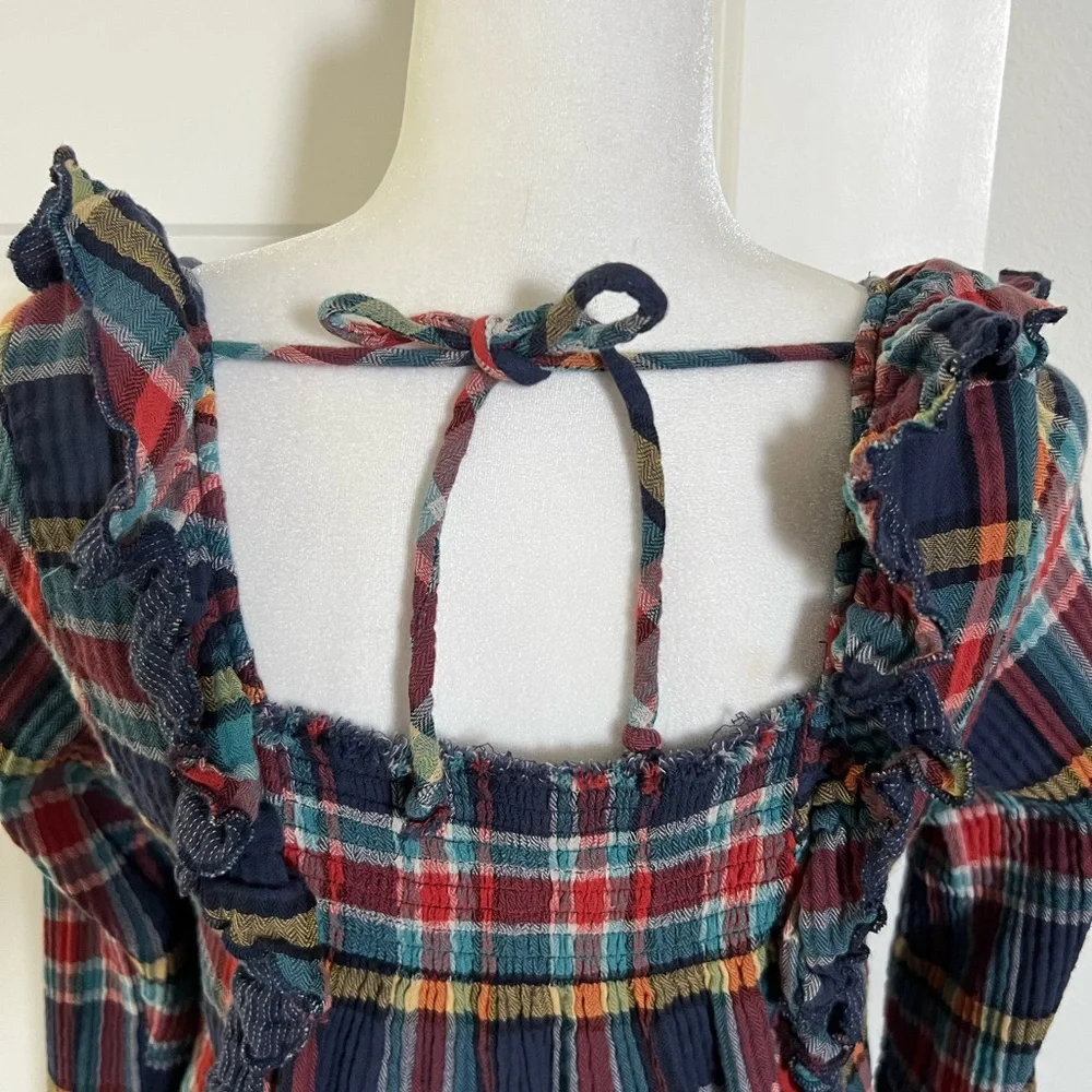 EUC Free People Multicolor Plaid Ruffle Blouse Small - Picture 9 of 12